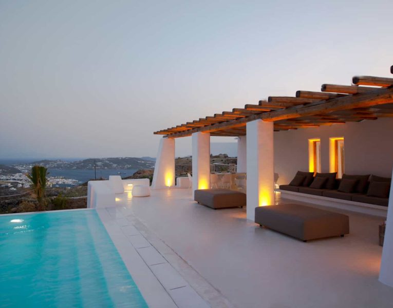 Villa- Margarita-Mykonos-by-Olive-Villa-Rentals-exterior-night-pool-area