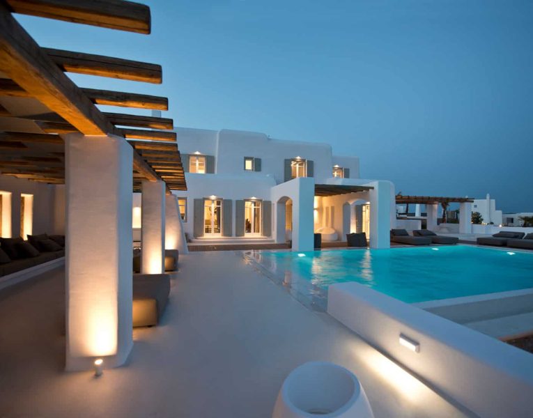 Villa- Margarita-Mykonos-by-Olive-Villa-Rentals-exterior-night-pool-area