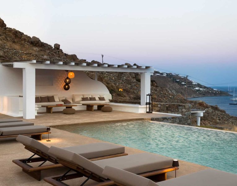 Villa-Etoile-Mykonos-by-Olive-Villa-Rentals-exterior-pool-area-evening