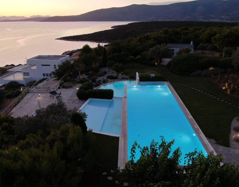 Villa- Magnolia -Porto Heli-by-Olive-Villa-Rentals-night-pool-area