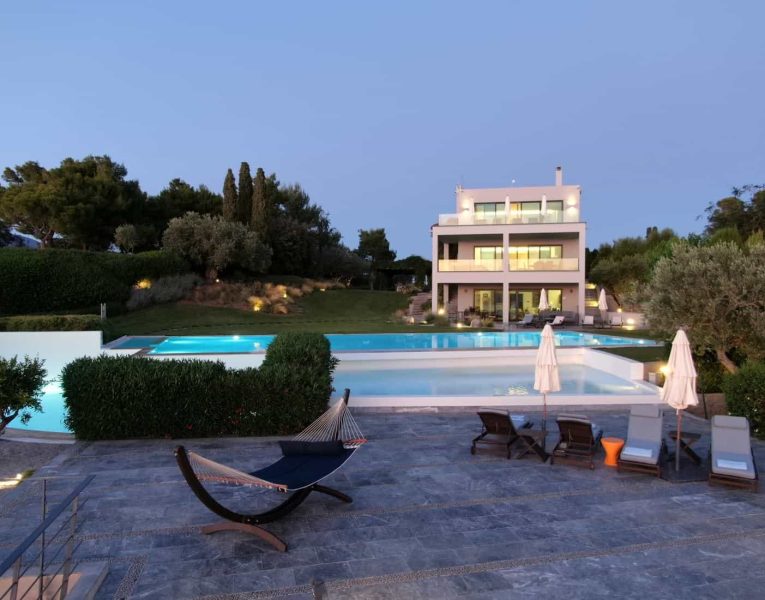 Villa- Magnolia -Porto Heli-by-Olive-Villa-Rentals-night-pool-area