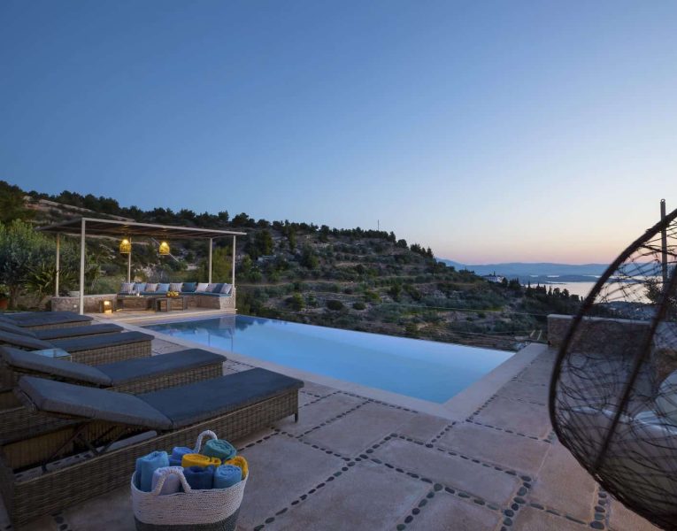 Villa- Lilium -Spetses-by-Olive-Villa-Rentals-pool-area-sunset