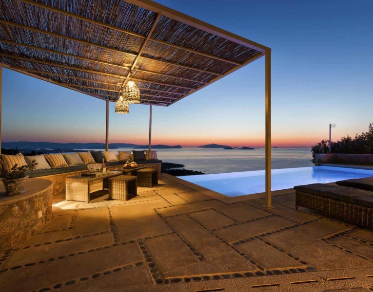 Villa- Lilium -Spetses-by-Olive-Villa-Rentals-pool-area-sunset