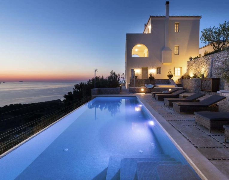 Villa- Lilium -Spetses-by-Olive-Villa-Rentals-pool-area-night