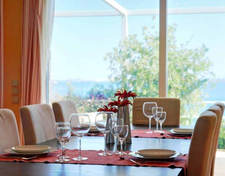 Villa Ligeia in Corfu Greece, dining room, by Olive Villa Rentals