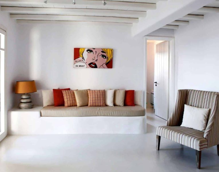 Villa Alistaire in Mykonos Greece, couch, by Olive Villa Rentals