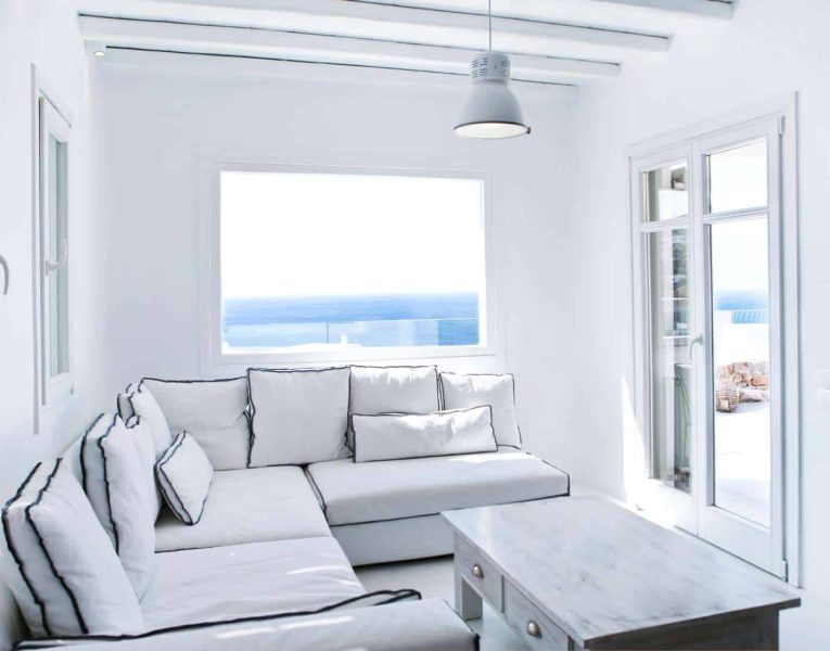 Villa Ariadne in Mykonos Greece, living room, by Olive Villa Rentals