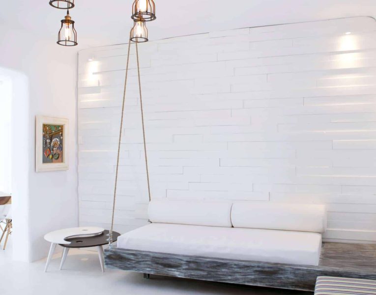 Villa Ariadne in Mykonos Greece, couch, by Olive Villa Rentals