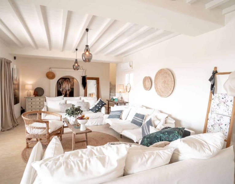 Villa Zoe in Mykonos Greece, living room, by Olive Villa Rentals