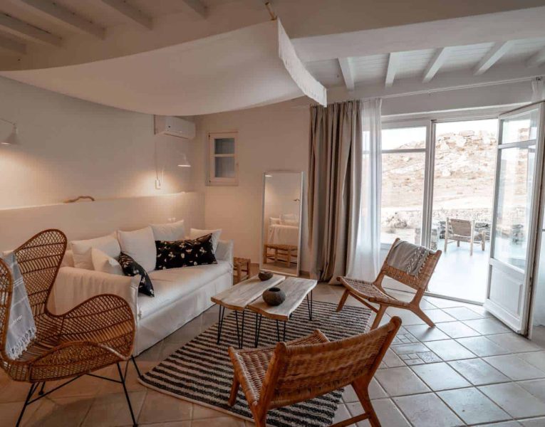 Villa Zoe in Mykonos Greece, living room 2, by Olive Villa Rentals