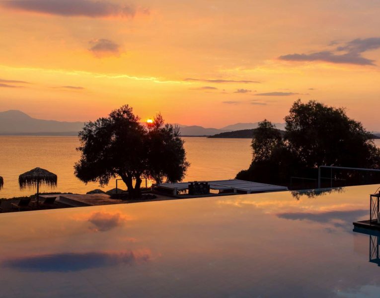 Villa Copper in Evia Greece, sunset, by Olive Villa Rentals