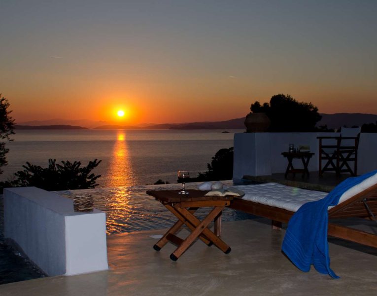 Villa Cybele in Skopelos Greece, sunset, by Olive Villa Rentals