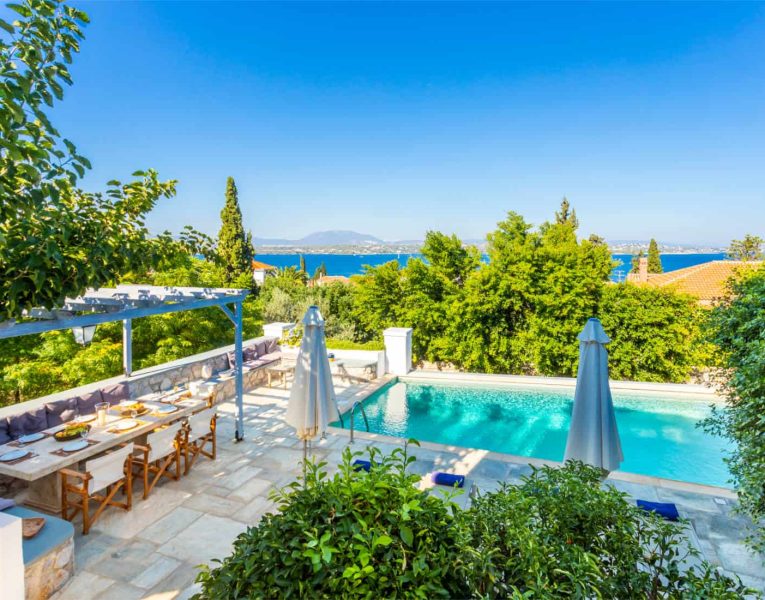 Villa Corinna in Spetses Greece, pool area, by Olive Villa Rentals