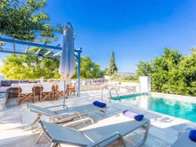 Villa Corinna in Spetses Greece, pool area, by Olive Villa Rentals