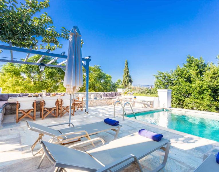 Villa Corinna in Spetses Greece, pool area, by Olive Villa Rentals