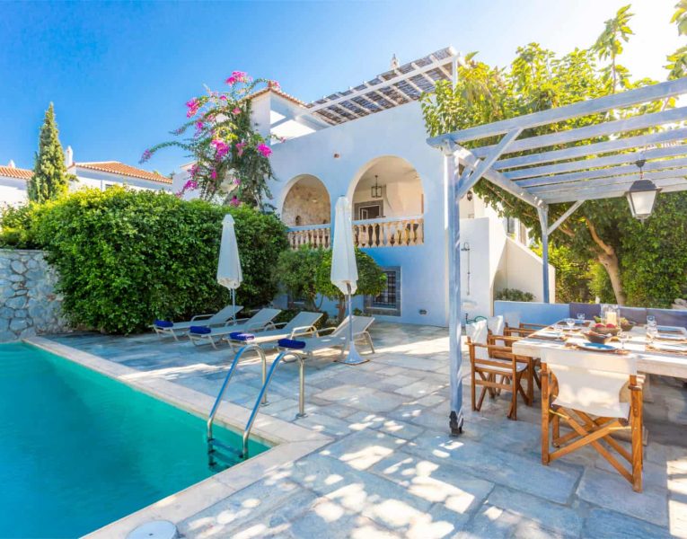 Villa Corinna in Spetses Greece, pool area, by Olive Villa Rentals