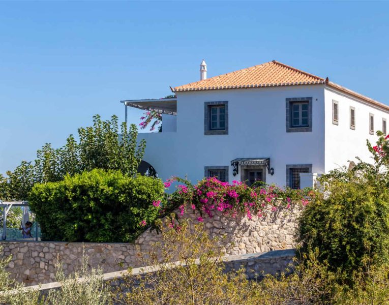 Villa Corinna in Spetses Greece, facade, by Olive Villa Rentals