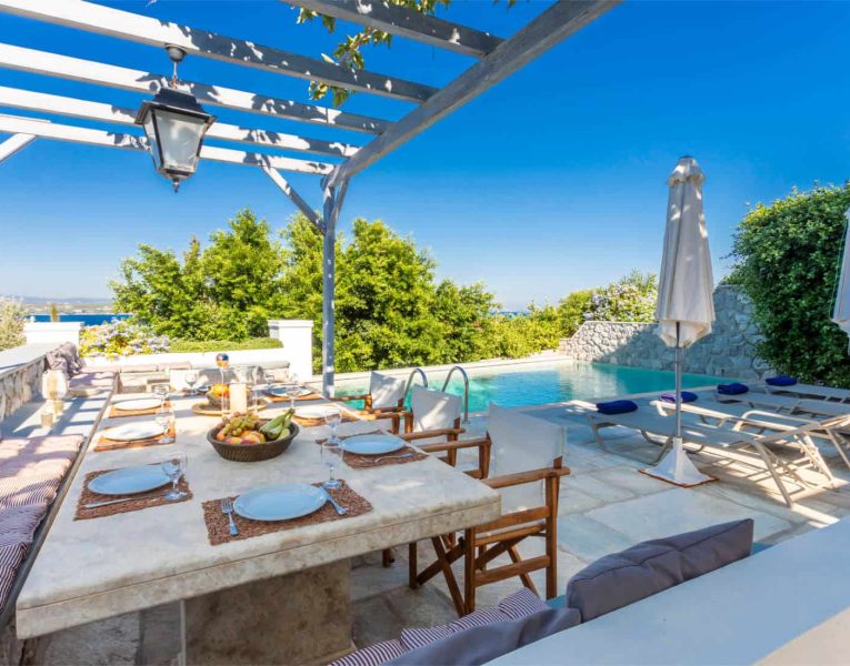 Villa Corinna in Spetses Greece, pool area, by Olive Villa Rentals