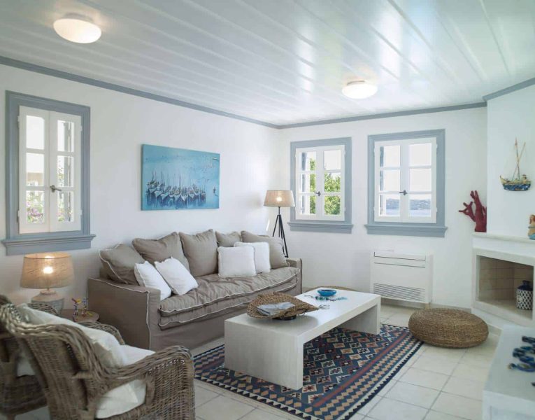Villa Spezie in Spetses Greece, living room, by Olive Villa Rentals