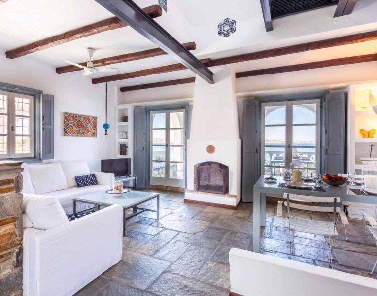 Villa Zenais in Spetses Greece, living room, by Olive Villa Rentals