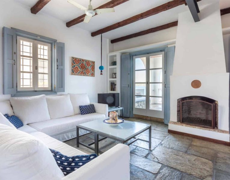 Villa Zenais in Spetses Greece, living room, by Olive Villa Rentals